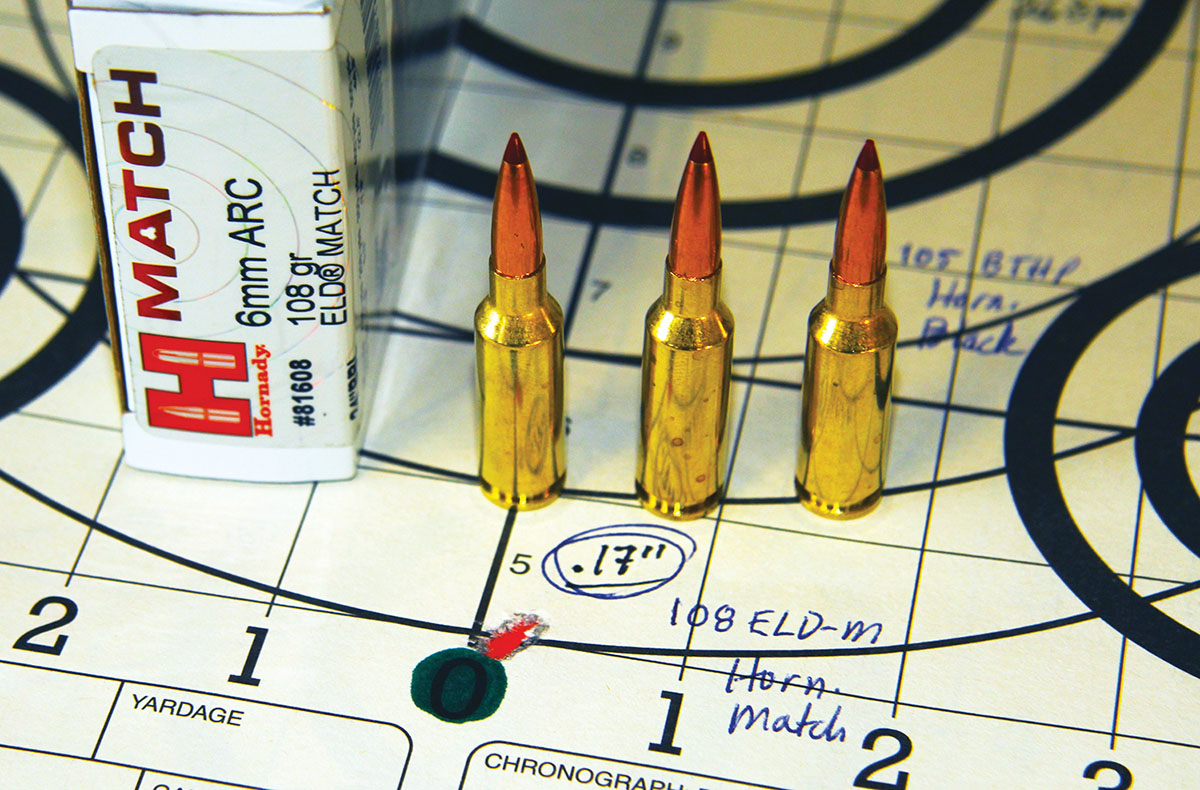 Factory ammunition produced the best group from the Savage Carbon Predator, this .17-inch, one-hole group resulted from three shots of Hornady Match loaded with 108-grain ELD Match bullets.
